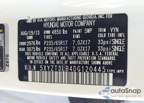 2013 Hyundai Santa Fe Sport z USA, uszkodzony, nr VIN 5XYZT3LB4DG120445